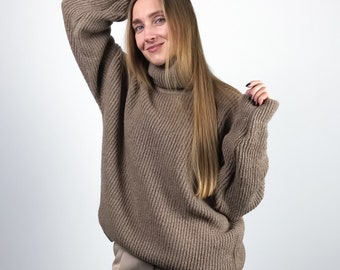 Cashmere Sweater, Oversized Sweater, Cozy Hand Knit Sweater, Turtleneck, Beige Sweater, Merino Wool Sweater, Fluffy Sweater
